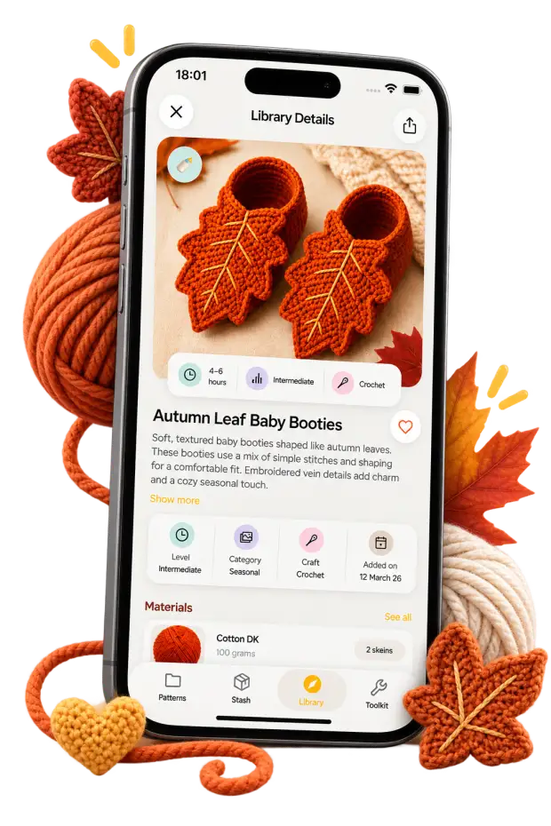 A Yarnova pattern on iPhone for autumn leaf baby booties, showing time estimate, skill level and materials, framed by orange yarn and crocheted leaves