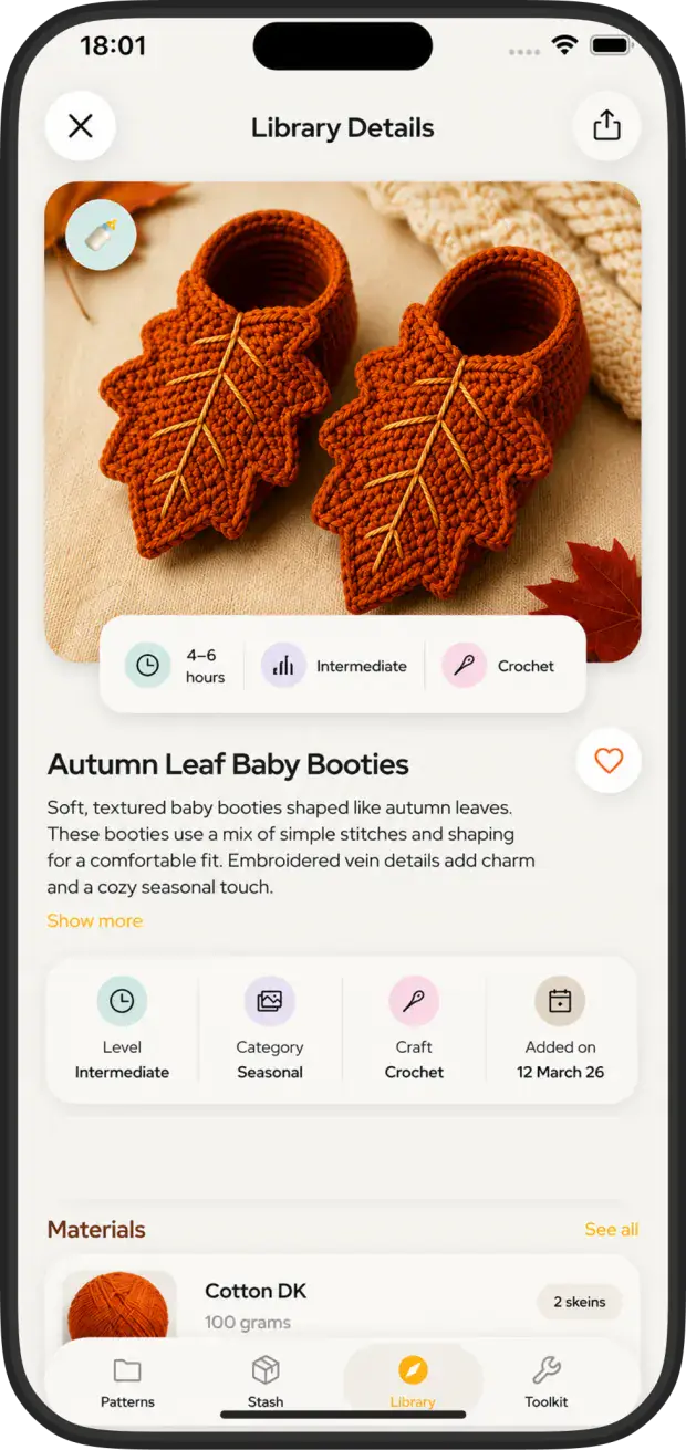 A Yarnova pattern on iPhone showing a four to six hour estimate, intermediate skill level and the materials it needs