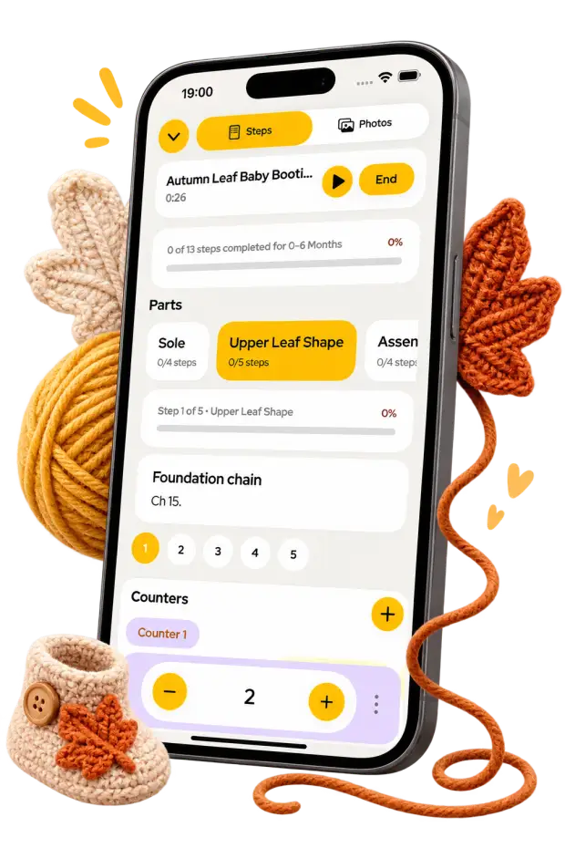A Yarnova project on iPhone broken into parts with step progress and a live counter, beside a crocheted bootie and autumn leaves