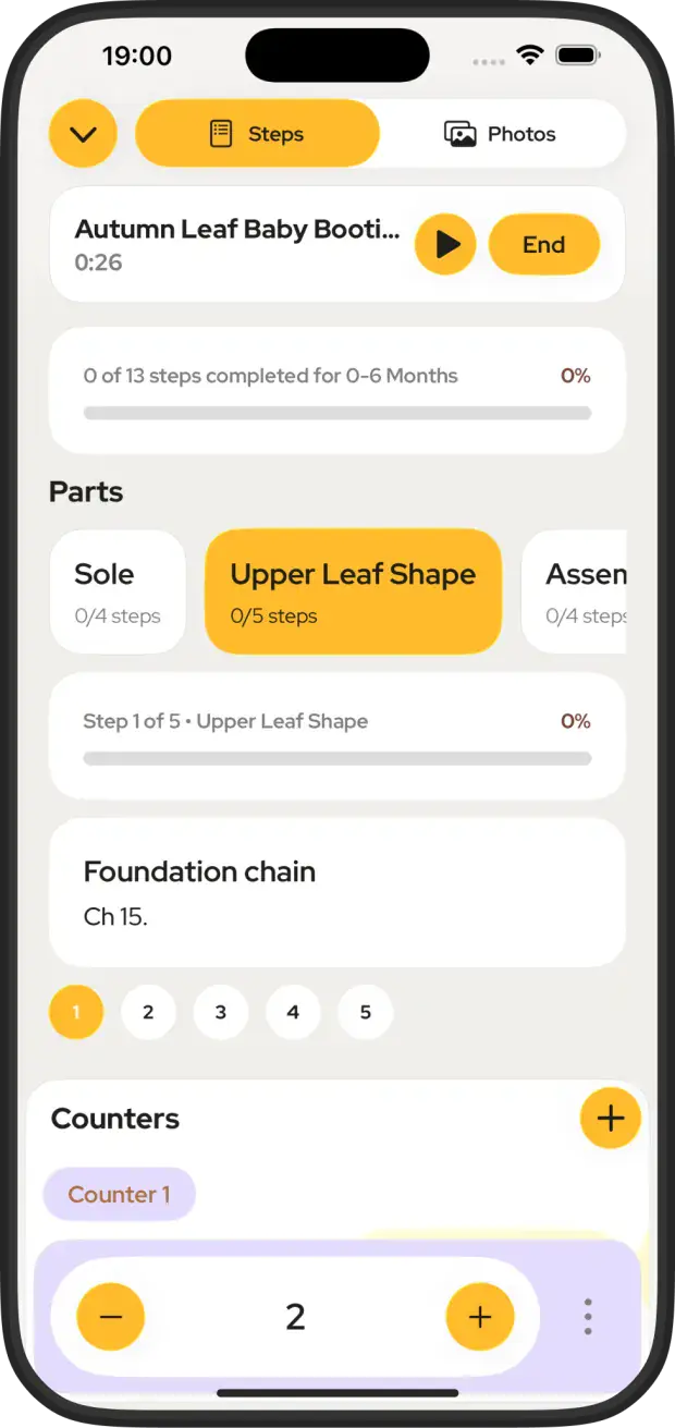 A Yarnova project on iPhone broken into parts, with step progress and a running project timer