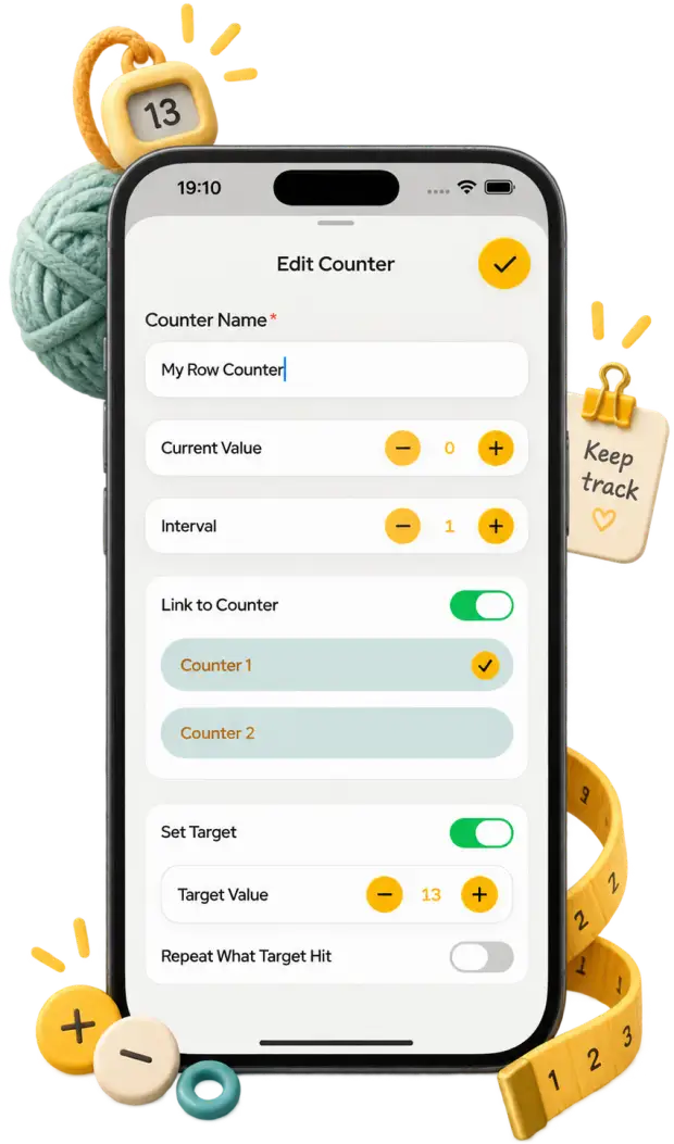 Yarnova's row counter on iPhone with counter name, interval, link to counter and target value, surrounded by yarn, a crochet hook and a crocheted daisy
