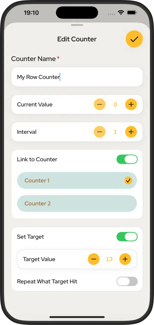 Yarnova's row counter settings on iPhone, showing counter name, current value, interval, link to counter and target value