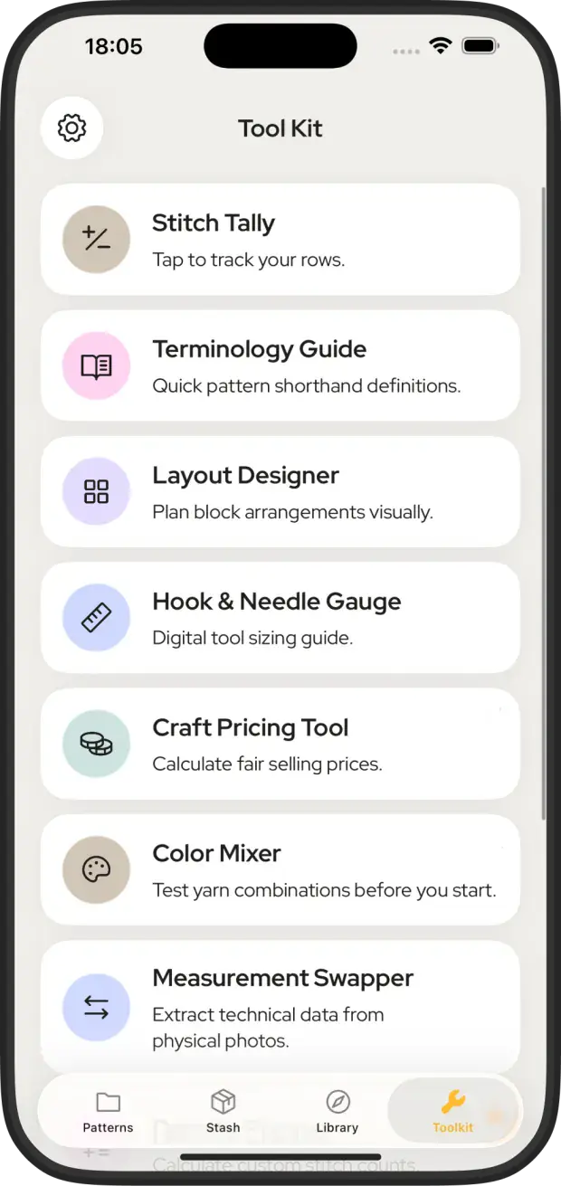 Yarnova's tool kit on iPhone showing a hook and needle gauge for checking tool sizes