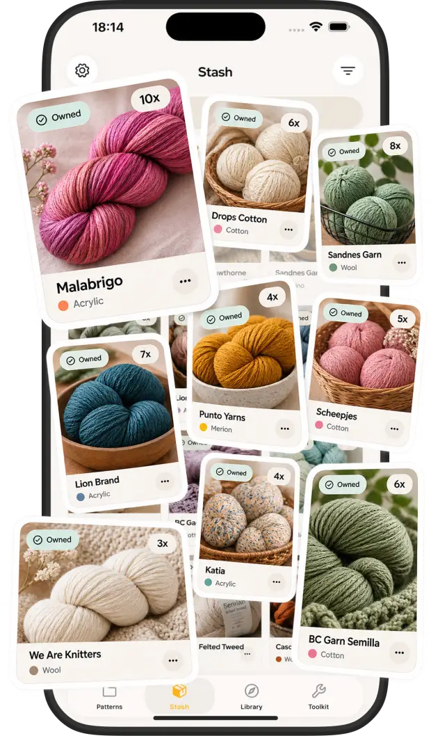 The Yarnova yarn stash on iPhone, with tabs for yarn, hooks and needles and cards showing owned skeins from brands including Malabrigo, Drops and Scheepjes